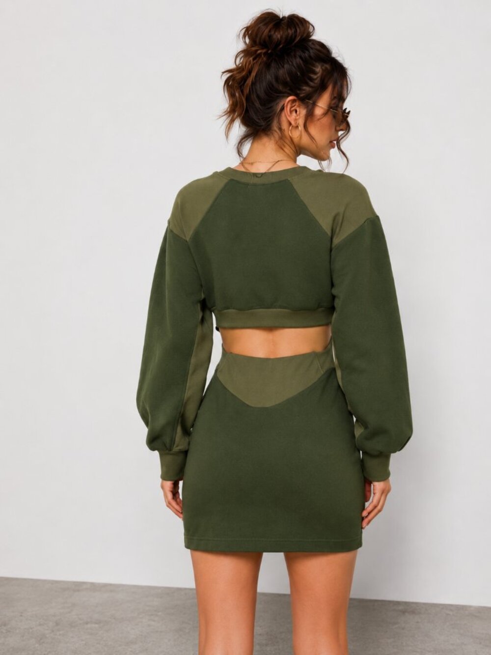 Olive Green Moto Sweatshirt Mini Dress Open Back Cutout NWT Large